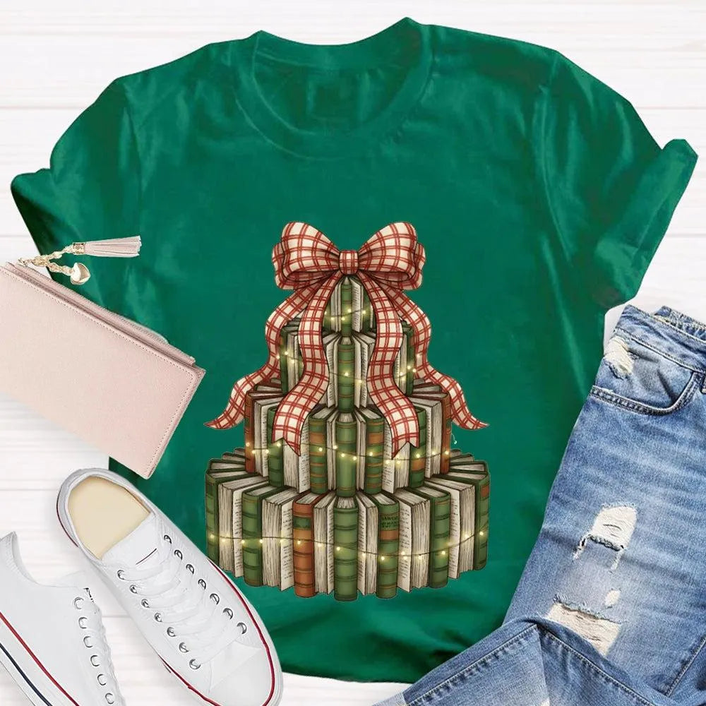 Bookworm Holiday Graphic Tee, Books Bows Lights Christmas Tree Shirt, Comfy Bookish Christmas T-Shirt, Reader Teacher Xmas Pr