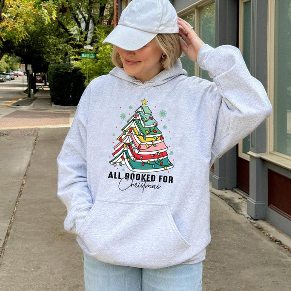 Book Lover Tree Graphic Hoodie, All Booked for Christmas Hoodie, Adorable Bookish Holiday Hoodie, Reader Bookworm Winter Pres