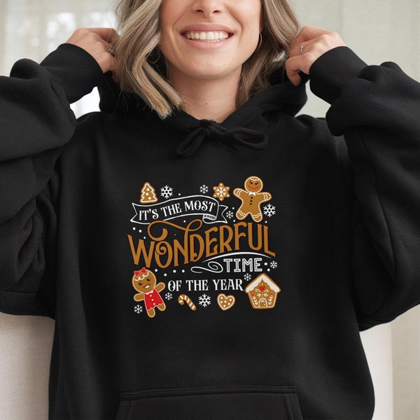 Most Wonderful Time Holiday Hoodie, Christmas Gingerbread Hoodie, Gingerbread Graphic Sweatshirt, Adorable Xmas Hooded Pullov