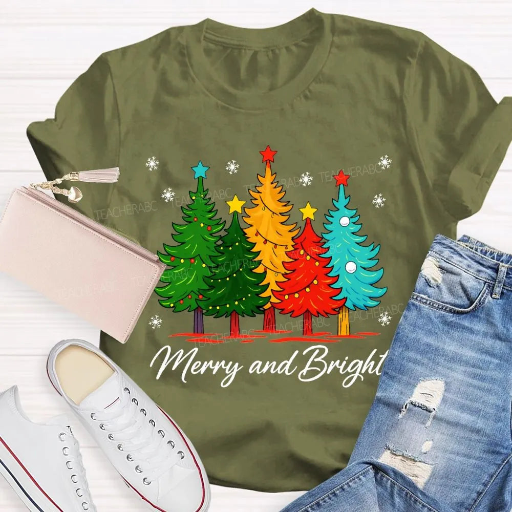 Colorful Holiday Graphic Tee, Merry and Bright Christmas Tree T-Shirt, Festive Xmas Tree Shirt, Retro Christmas Tee, Holiday 