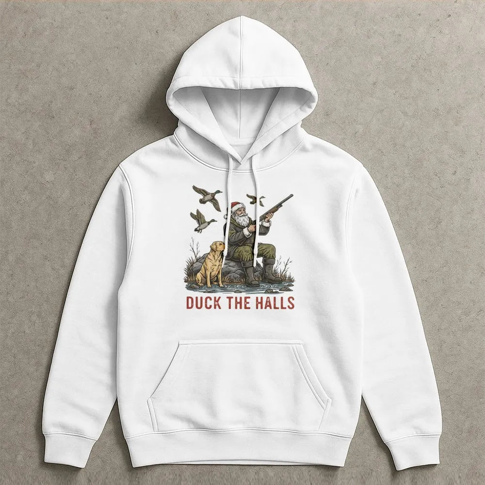 Santa Duck Hunting Labrador Sweatshirt, Duck the Halls Christmas Hoodie, Humorous Xmas Hunter Hoodie, Holiday Outdoorsman Hoo
