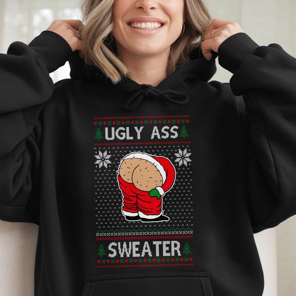 Humorous Santa Mooning Graphic Sweatshirt, Ugly Christmas Hoodie, Naughty Xmas Party Pullover, Humor Holiday Winter Present