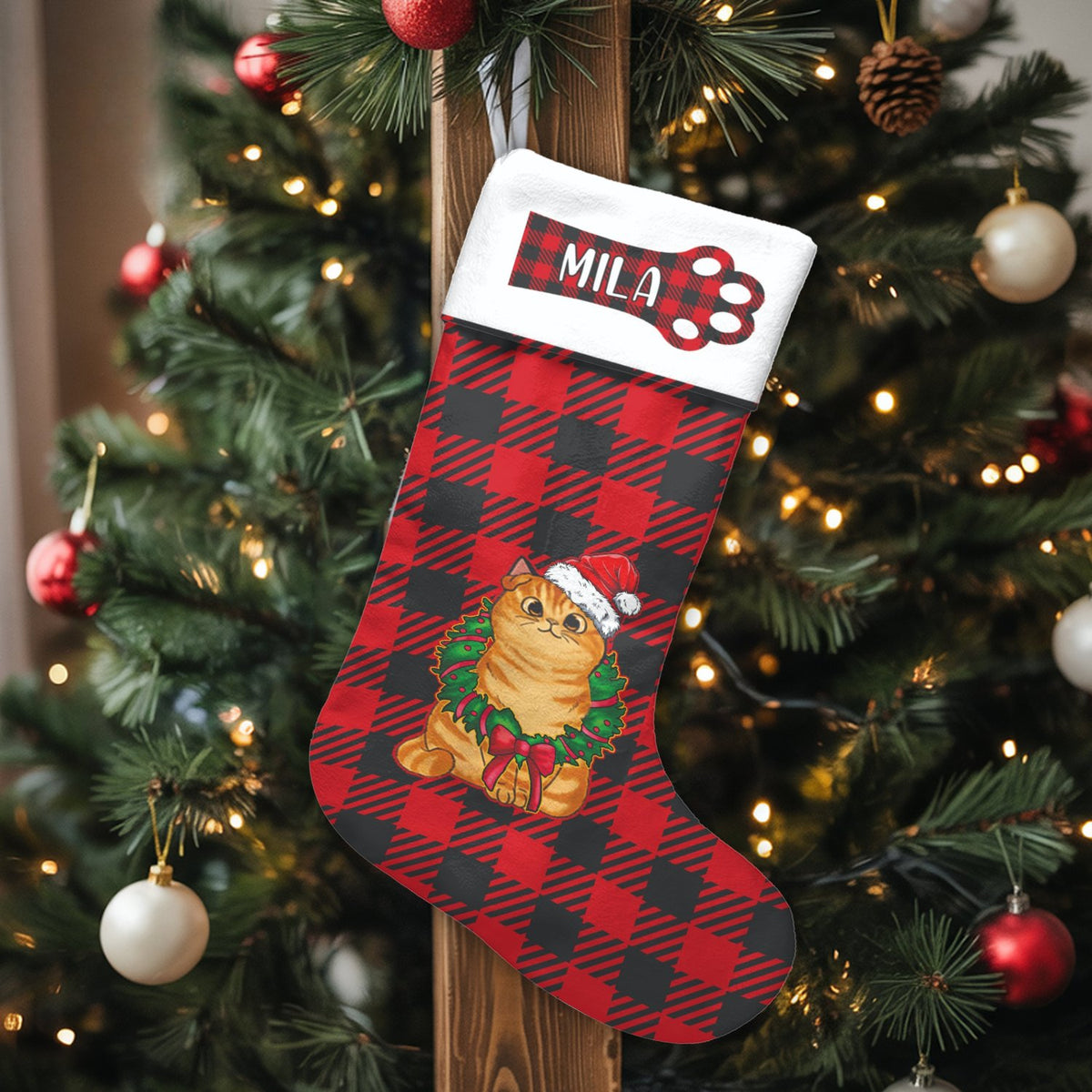 Red Buffalo Plaid Pet Holiday Stocking, Personalized Cat Christmas Stocking, Custom Name Xmas Cat Stocking, Adorable Pet Love