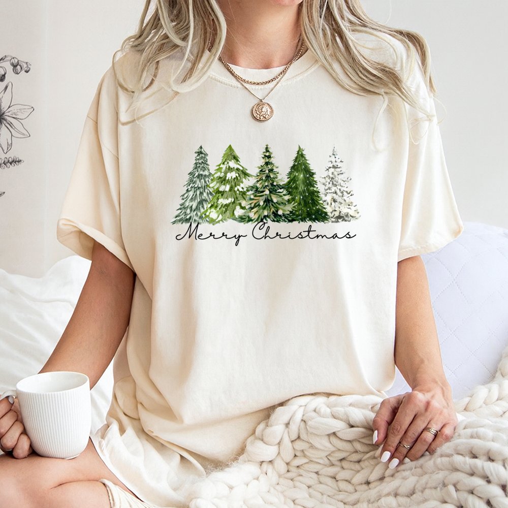 Merry Christmas Forest Graphic Tee, Watercolor Pine Tree Shirt, Festive Holiday Season T-Shirt, Winter Nature Tee, Xmas Prese