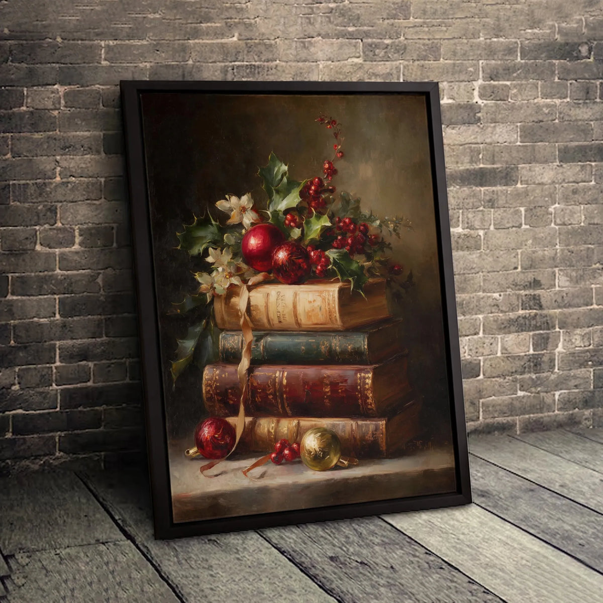 Antique Books Wall Art Print, Christmas Still Life Canvas Print, Vintage Holiday Canvas Print, Winter Digital Download, Book 