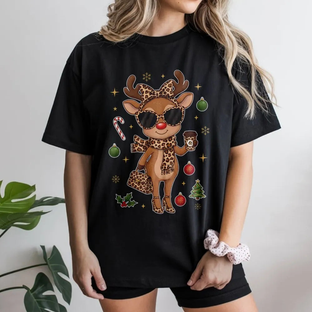 Leopard Print Christmas T-Shirt, Boujee Reindeer T-Shirt, Adorable Holiday Animal Graphic Tee, Retro Winter Reindeer Shirt, W