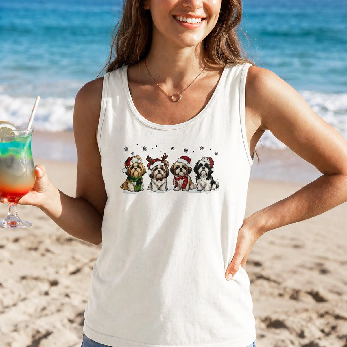 Santa Hat Shih Tzu Dog Tank, Christmas Shih Tzu Tank Top, Holiday Dog Lover Sleeveless Tee, Adorable Christmas Dog Tank, Fest