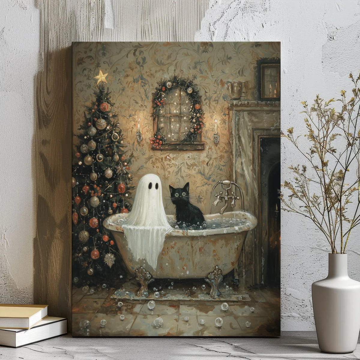 Whimsical Holiday Bath Canvas Print, Ghost and Black Cat Christmas Canvas Wall Art, Spooky Season Cat Canvas, Holiday Wall De