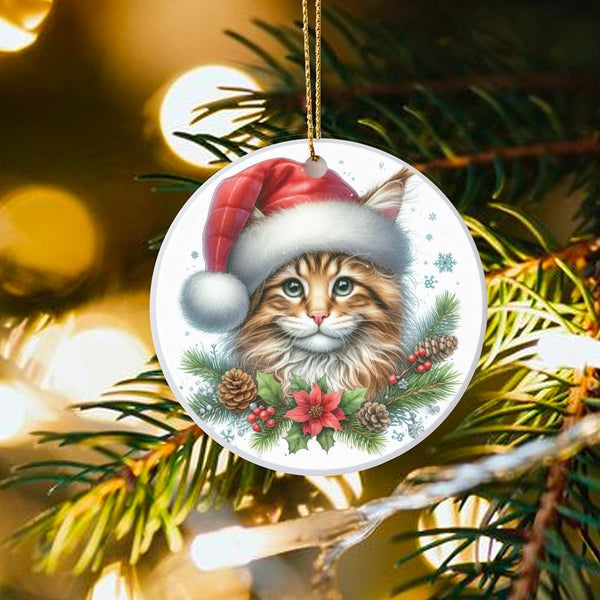 Santa Hat Kitten with Poinsettia Ornament, Cat Christmas Ornament, Adorable Pet Lover Tree Ornament, Ceramic Holiday Keepsake