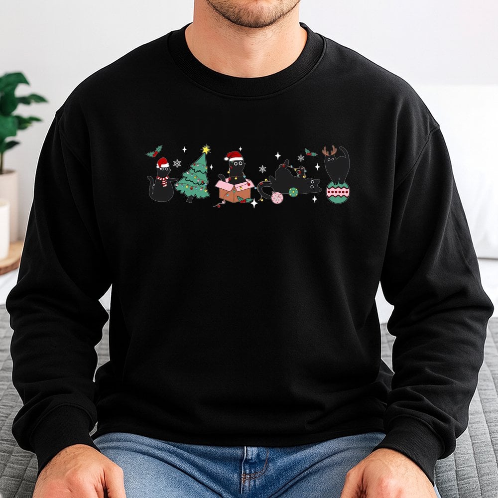 Adorable Holiday Kitties Sweater, Christmas Black Cat Sweatshirt, Humorous Xmas Cat Pullover, Retro Winter Cat Lover Crewneck