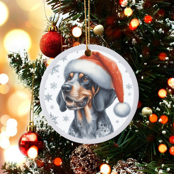Santa Hat Dog Ornament, Bluetick Coonhound Christmas Ornament, Coonhound Tree Ornament, Ceramic Dog Lover Ornament, Holiday K