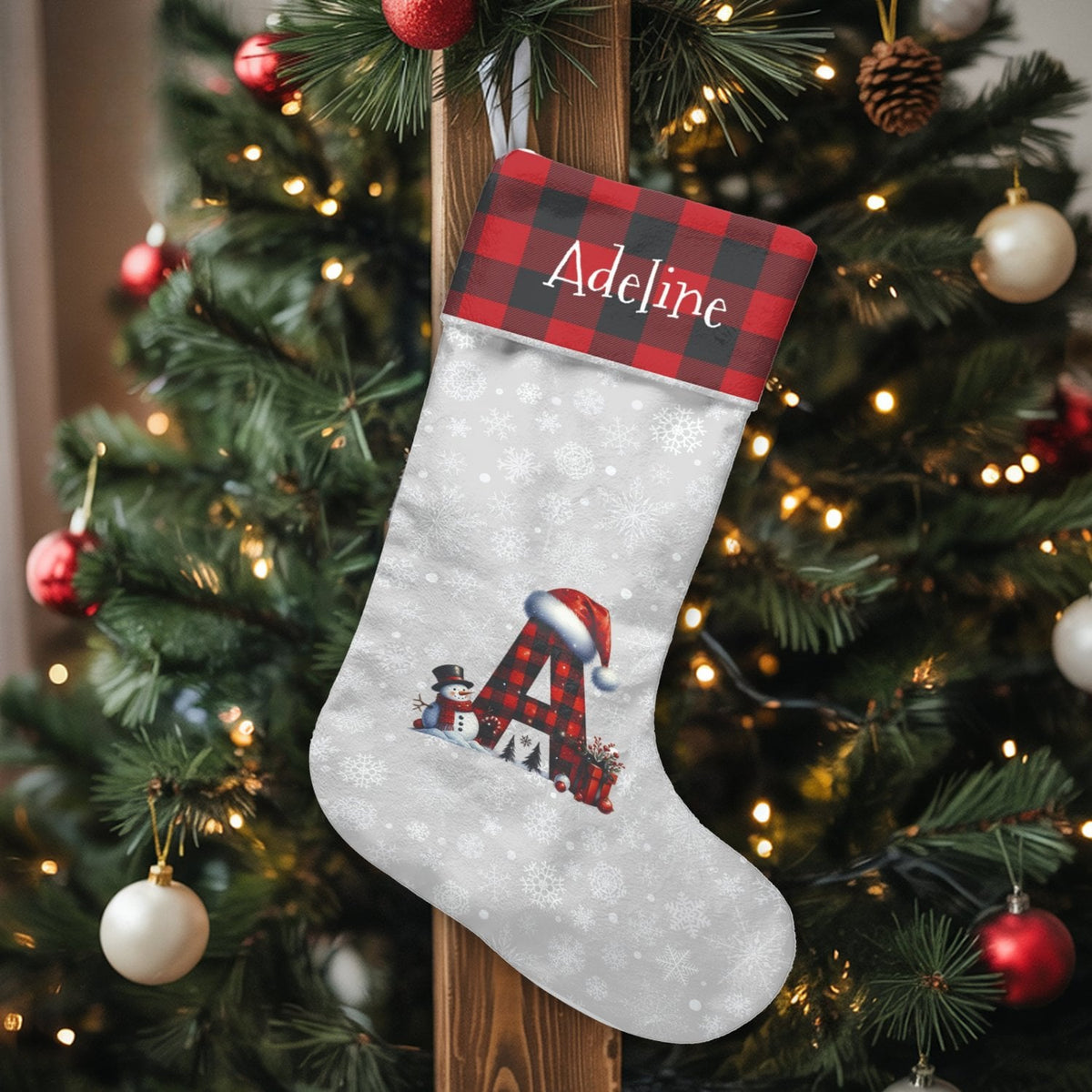 Buffalo Plaid Custom Name Stocking, Personalized Initial A Christmas Stocking, Rustic Monogram Holiday Stocking, Family Mantl