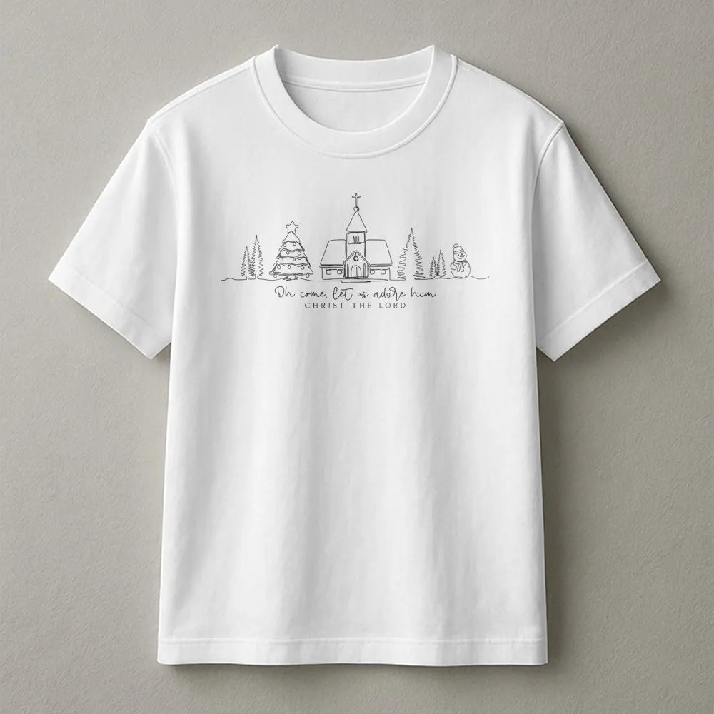 Minimalist Christmas Church T-Shirt, Oh Come Let Us Adore Him T-Shirt, Christian Faith Graphic Tee, Scripture Holiday Shirt, 