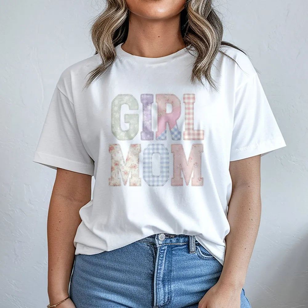 Girl Mom T-Shirt | Aesthetic Faux Patchwork Lettering | Soft Cotton Blend | Mother's Day Gift for New Mama