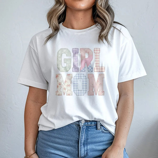 Girl Mom T-Shirt | Aesthetic Faux Patchwork Lettering | Soft Cotton Blend | Mother's Day Gift for New Mama