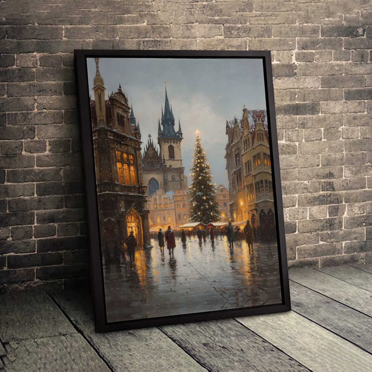 Vintage City Square Winter Wall Art, Snowy European Christmas Market Canvas Art, Comfy Holiday Town Canvas Print, Seasonal Xm