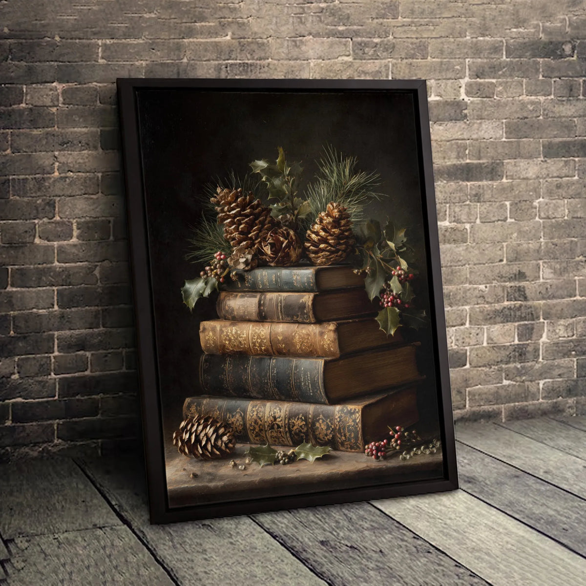 Christmas Holly Canvas Print, Vintage Book Stack Canvas Wall Art, Holiday Still Life Wall Decor, Comfy Winter Bookish Home De