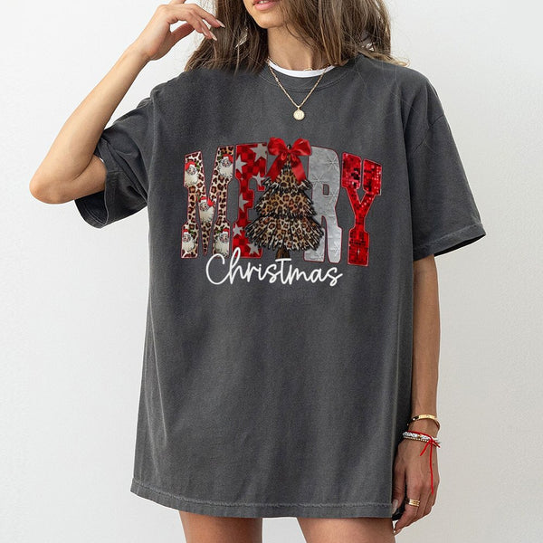 Leopard Print Santa Tree Shirt, Merry Christmas T-Shirt, Cheetah Pattern Xmas Graphic Tee, Holiday Winter T-Shirt, Festive Ch