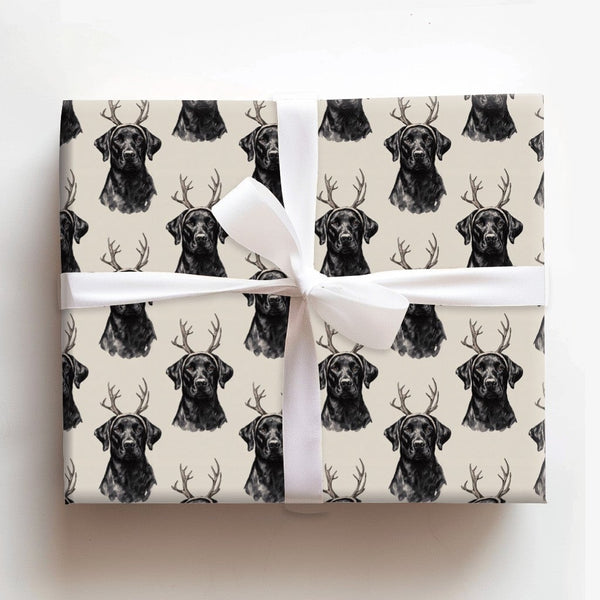 Dog Reindeer Antlers Gift Wrap, Black Labrador Christmas Wrapping Paper, Adorable Pet Holiday Wrapping Paper, Xmas Dog Lover 