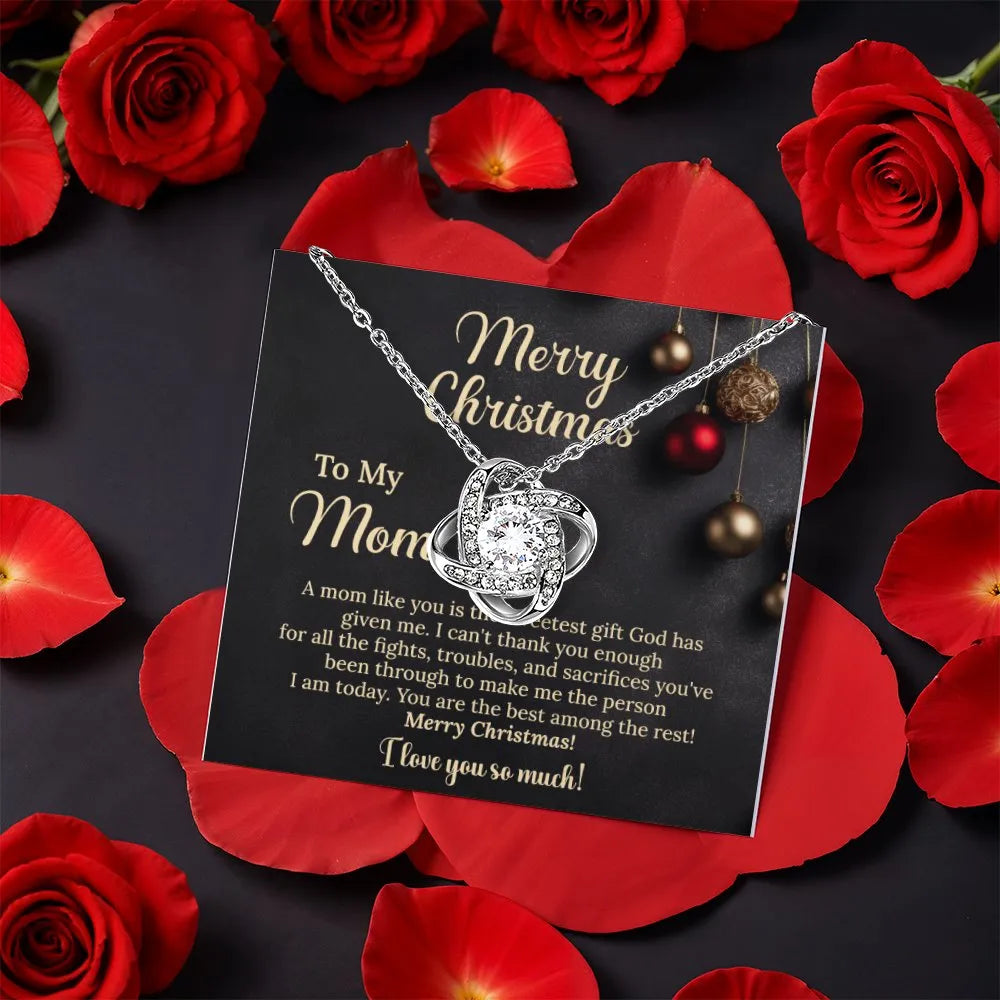 Christmas Rose Box Love Knot Pendant, Love Knot Necklace for Mom, Cubic Zirconia Love Knot Jewelry, Mother Christmas Present 