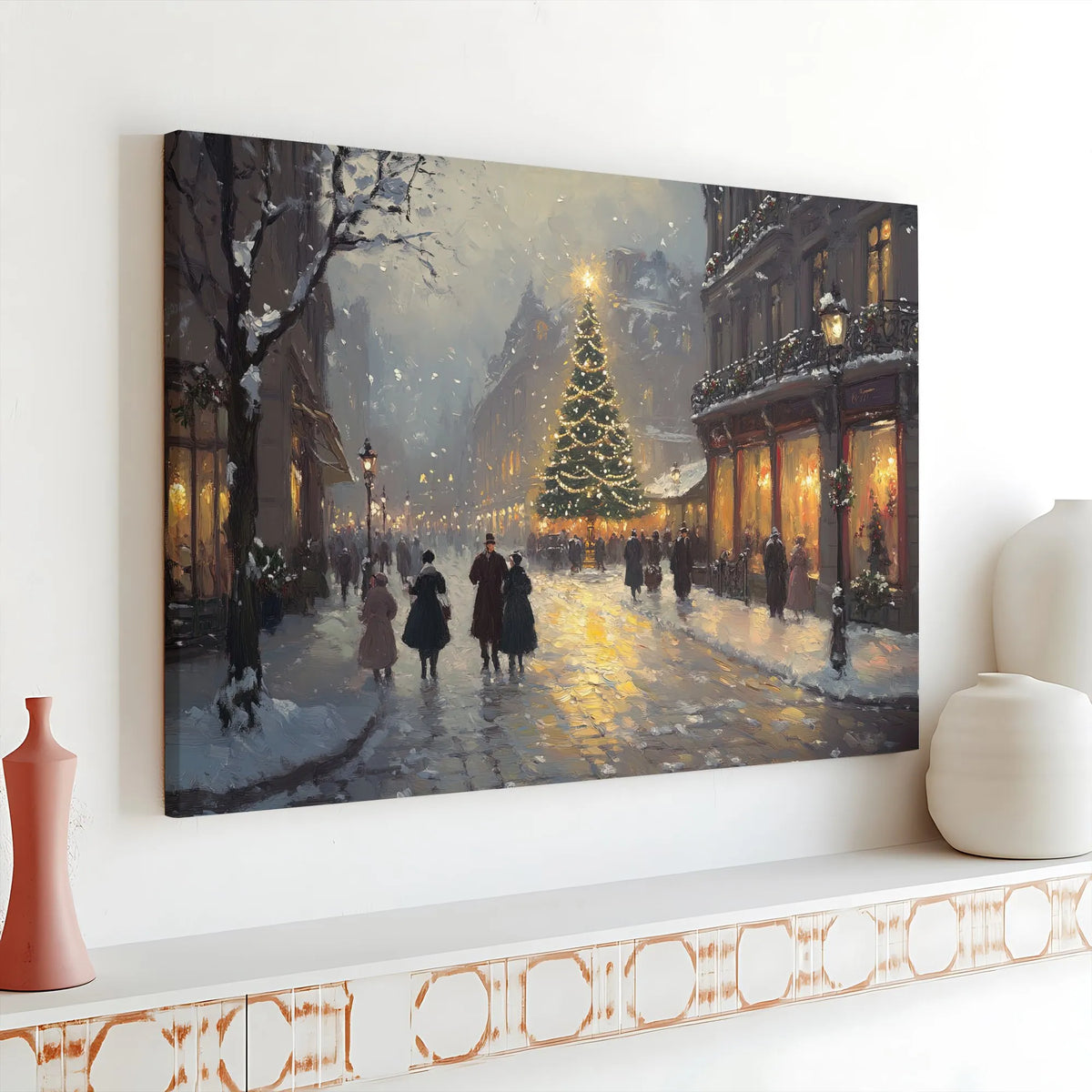 Snowy European City Wall Art, Victorian Christmas Street Scene Canvas, Festive Winter Oil Painting Print, Holiday Christmas T