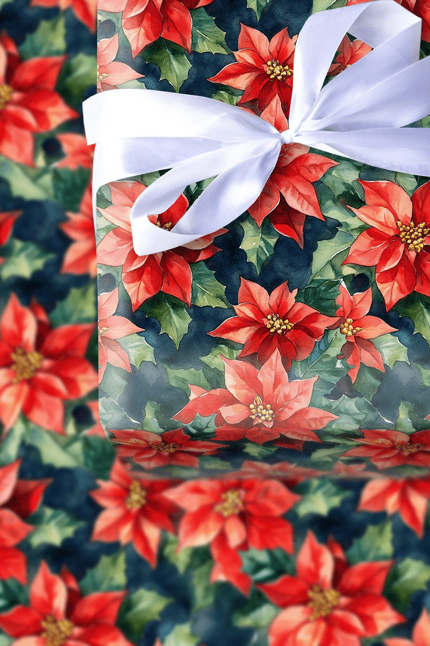 Dark Moody Floral Gift Wrap, Watercolor Poinsettia Wrapping Paper, Vintage Red Christmas Wrapping Paper, Botanical Holiday Gi