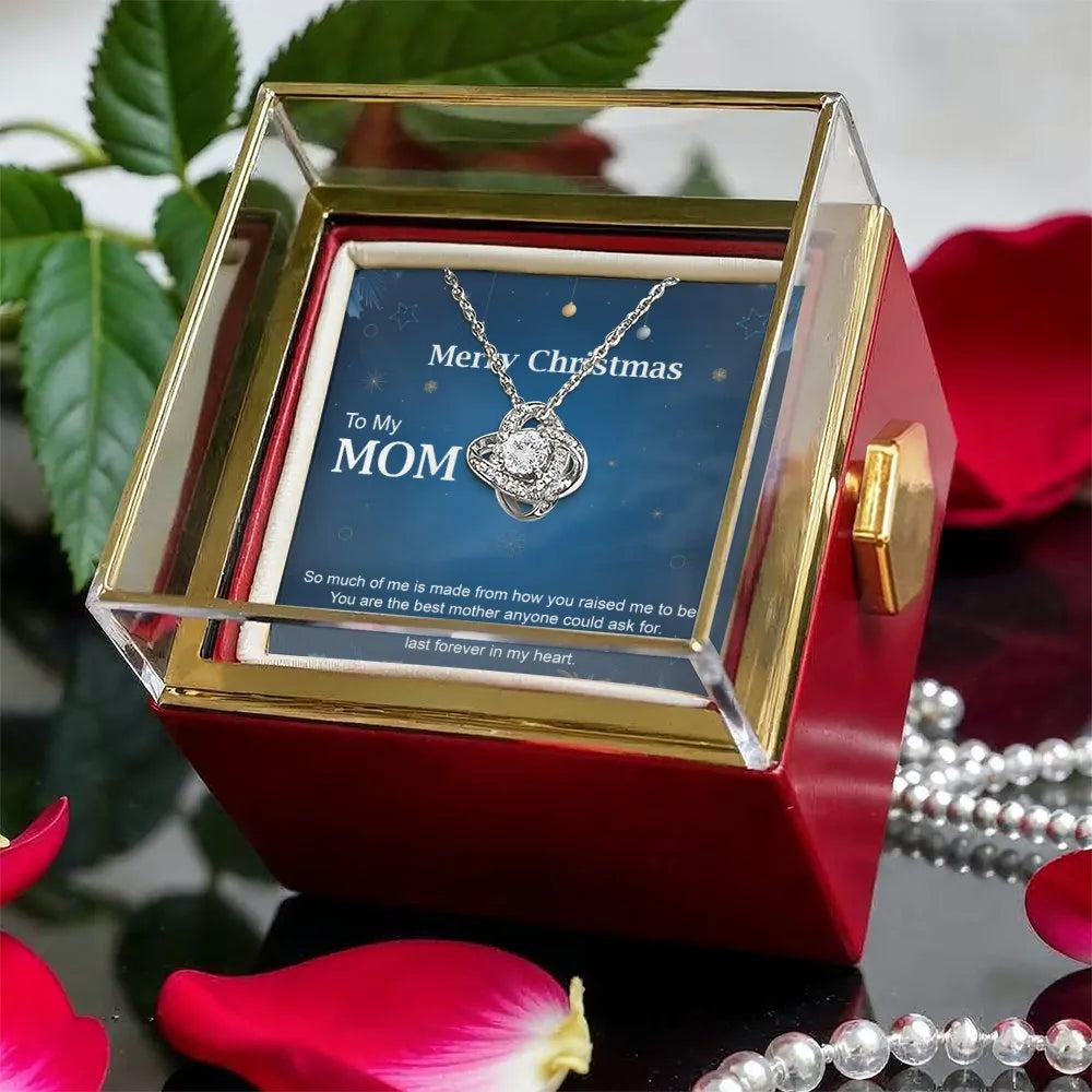 White Gold Finish Love Knot Pendant, Mom Christmas Love Knot Necklace, Holiday Message Card Knot Necklace, Present from Daugh