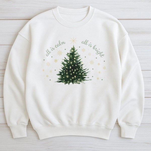 Watercolor Pine Tree Sweatshirt, All is Calm All is Bright Sweatshirt, Minimalist Christmas Crewneck, Winter Nature Pullover 