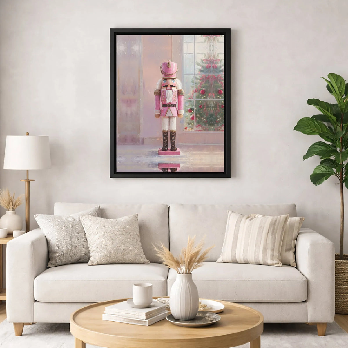 Christmas Tree Holiday Canvas Print, Pink Nutcracker Canvas Wall Art, Pastel Xmas Nutcracker Canvas Decor, Winter Holiday Wal