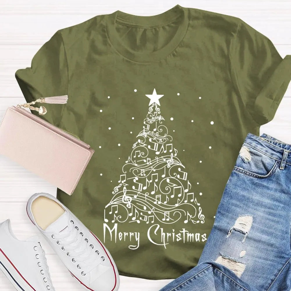 Sheet Music Holiday Tree T-Shirt, Music Teacher Christmas Shirt, Musical Notes Graphic Tee, Choir Director Christmas Present 