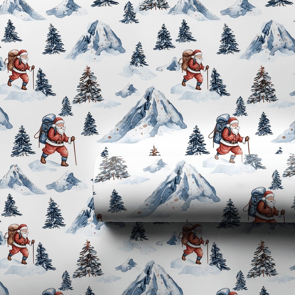 Snowy Mountain Christmas Wrapping Paper, Hiking Santa Wrapping Paper, Outdoors Nature Holiday Gift Wrap
