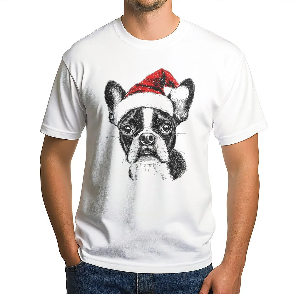 Santa Hat Frenchie Shirt, Boston Terrier Christmas T-Shirt, Adorable Holiday Dog Graphic Tee, Festive Puppy T-Shirt, Xmas Pre