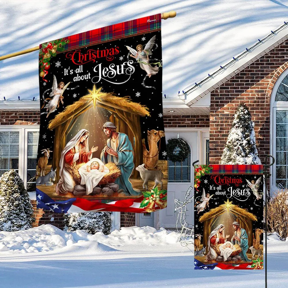 It's All About Jesus Yard Flag, Christmas Nativity Garden Flag, Holy Family Religious Christmas Flag, Double Sided Holiday De