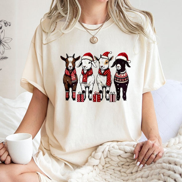 Adorable Holiday Farm Animal Tee, Christmas Goat Shirt, Humorous Xmas Goat Graphic T-Shirt, Festive Goat Lover Tee, Winter Fa