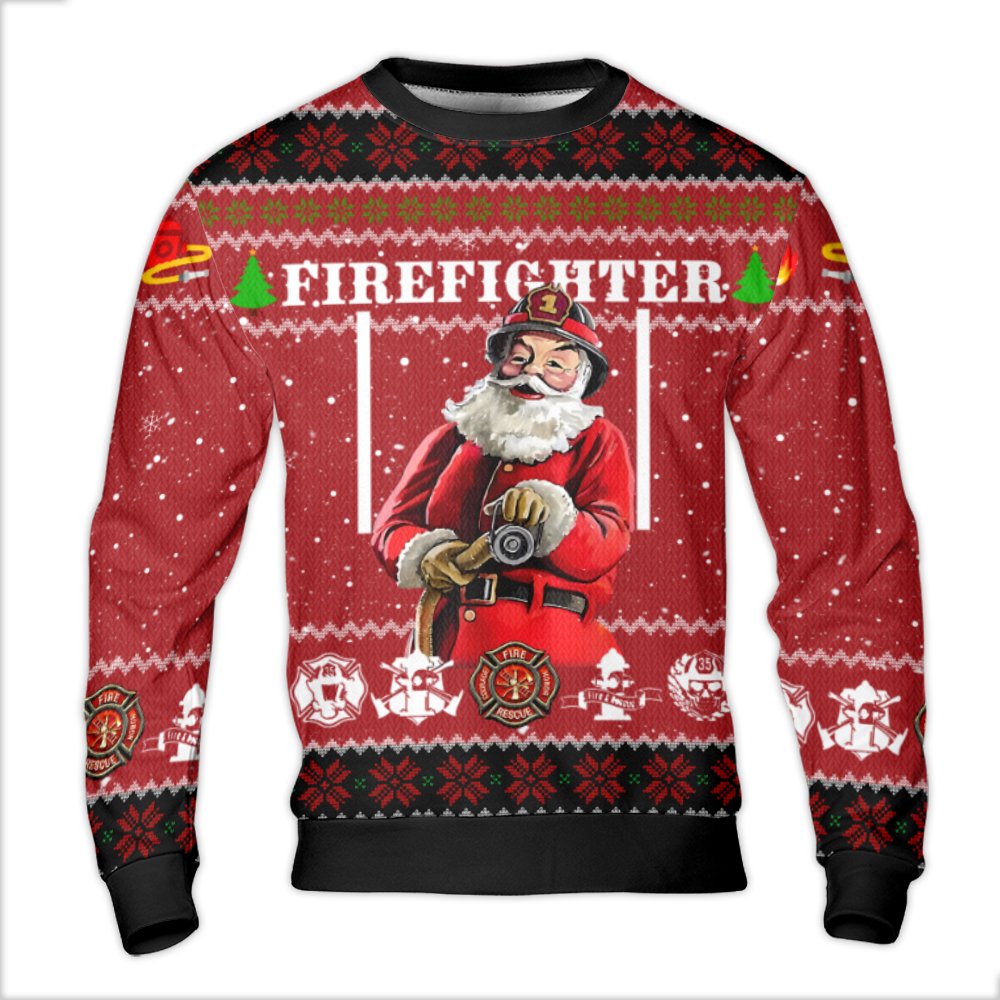 Fire Truck Holiday Sweatshirt, Firefighter Santa Ugly Christmas Sweater, Humorous Fireman Xmas Crewneck, Fire Dept Holiday Sw
