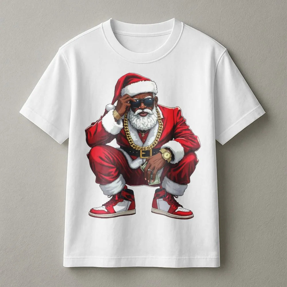 Hip Hop Christmas Graphic Tee, Black Santa T-Shirt, African American Santa Claus Shirt, Retro Urban Holiday Graphic T-Shirt P
