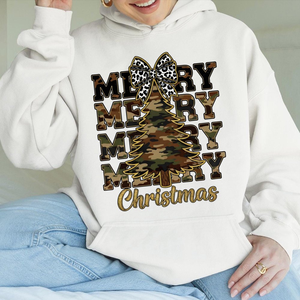 Leopard Bow Holiday Sweatshirt, Camo Christmas Tree Hoodie, Country Xmas Graphic Pullover, Merry Festive Hooded Sweater, Wint