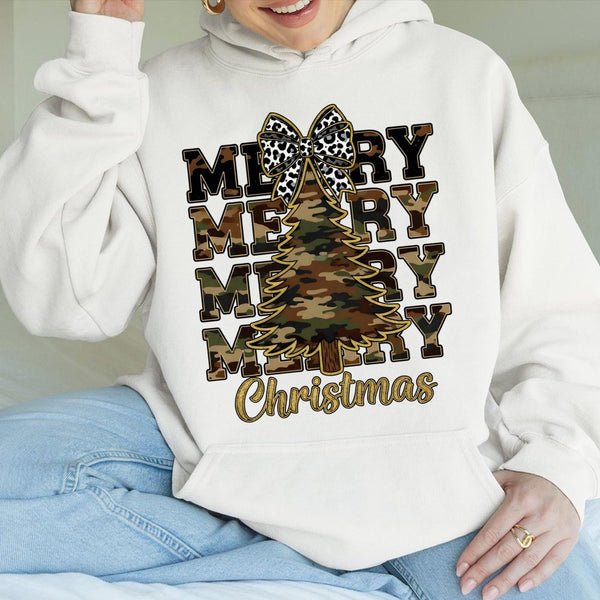 Leopard Bow Holiday Sweatshirt, Camo Christmas Tree Hoodie, Country Xmas Graphic Pullover, Merry Festive Hooded Sweater, Wint