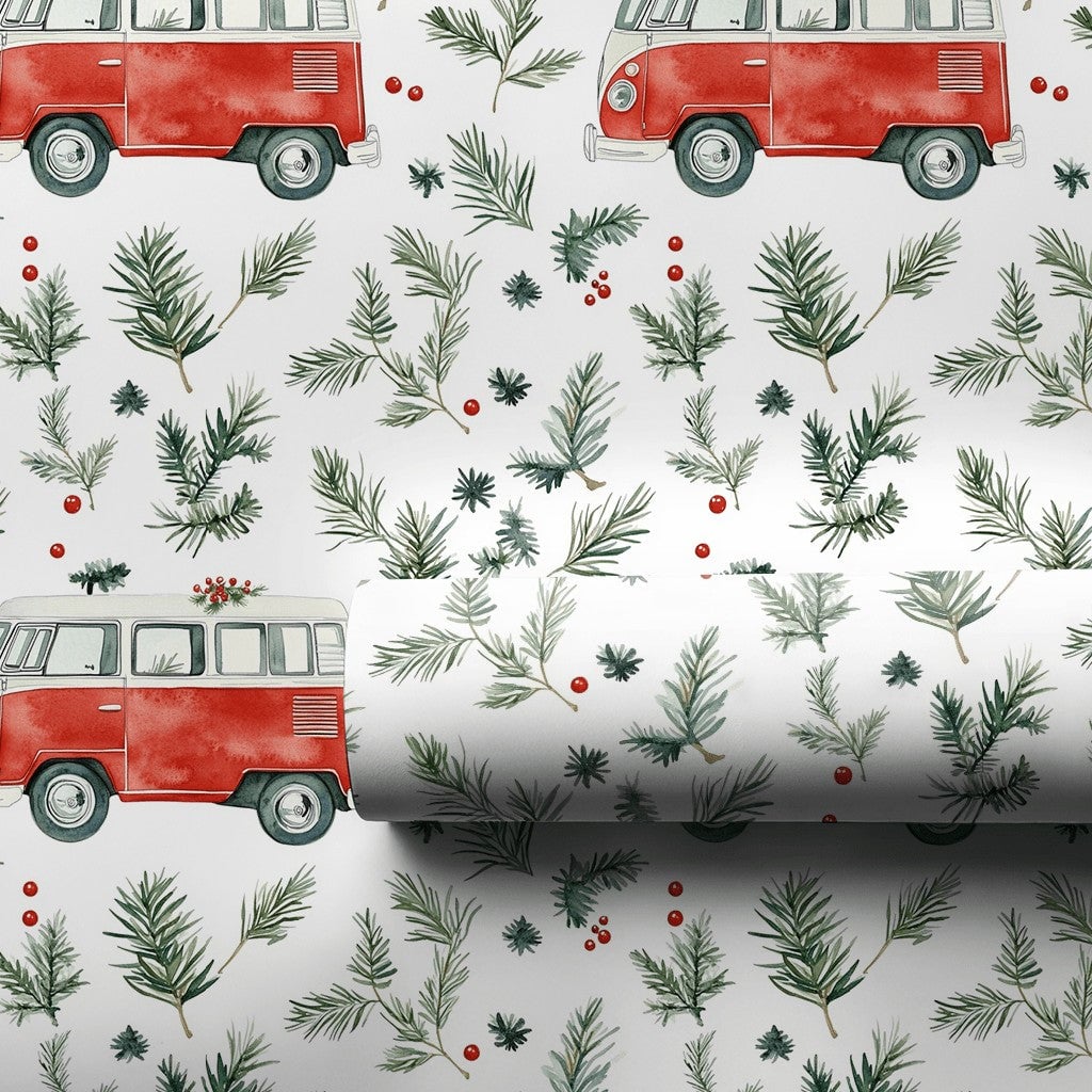 Retro Camper Van Gift Wrap, Vintage Red Camper Wrapping Paper, Christmas Camper Holiday Paper Roll, Winter Greenery Gift Wrap