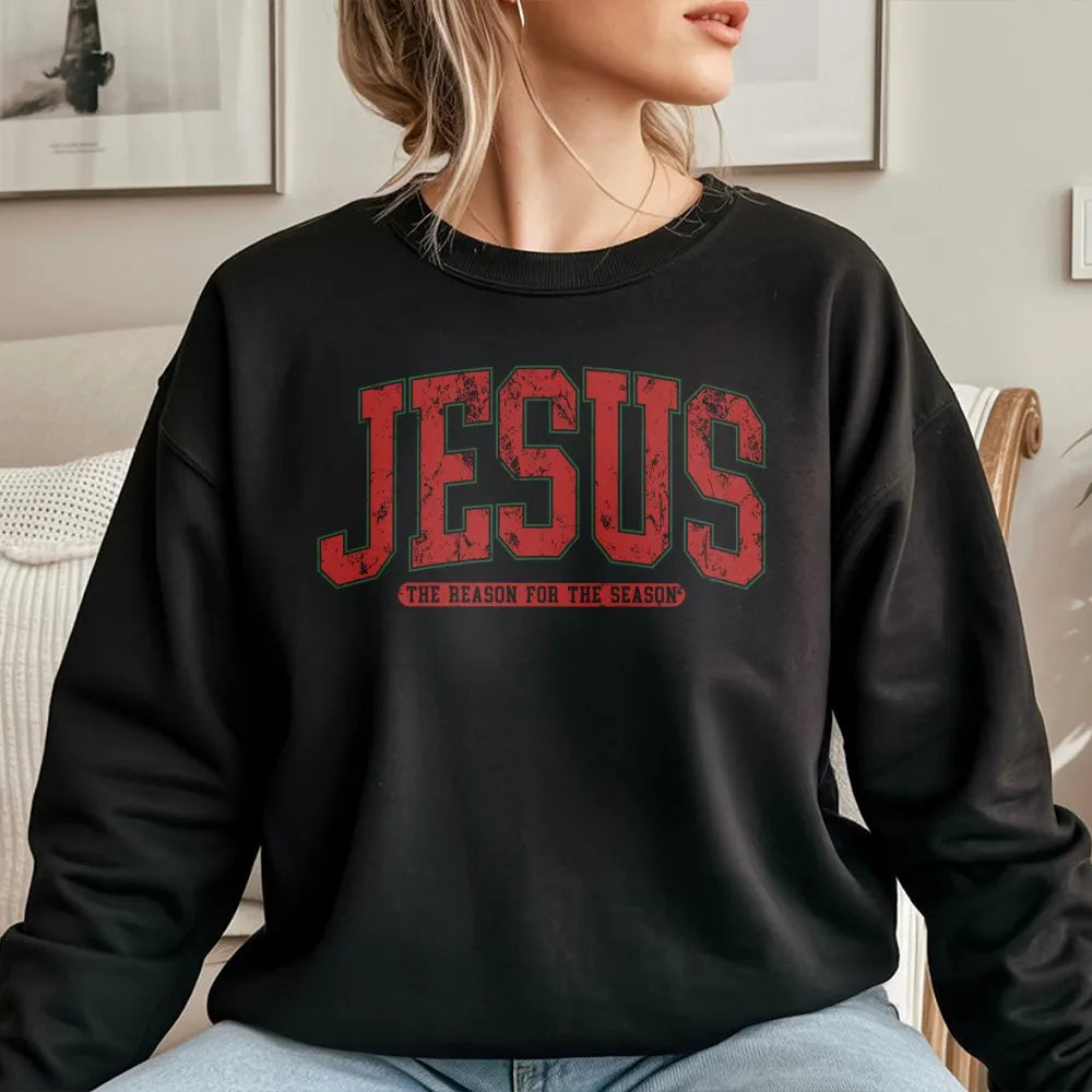 Christian Christmas Crewneck, Jesus Is the Reason for the Season Sweatshirt, Distressed Varsity Holiday Sweater, Faith Winter