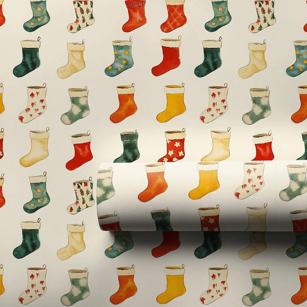 Vintage Holiday Gift Wrap, Christmas Stocking Wrapping Paper, Colorful Festive Christmas Wrapping Paper Roll, Traditional Xma