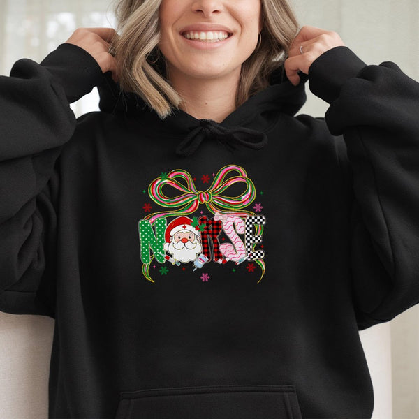 Christmas Nurse Hoodie, Santa Coquette Bow Nurse Hoodie, Holiday RN Medical Student Hoodie, Xmas Winter Pullover Hoodie, Nurs