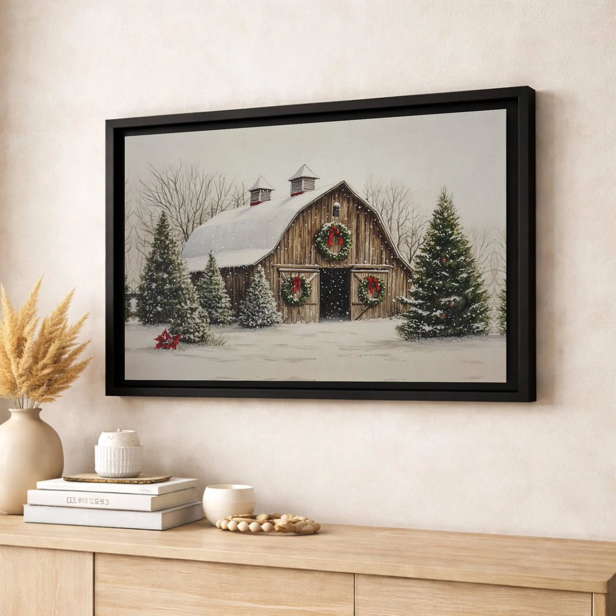 Rustic Winter Farmhouse Canvas Print, Snowy Christmas Barn Canvas Wall Art, Holiday Landscape Canvas Decor, Country Xmas Wall