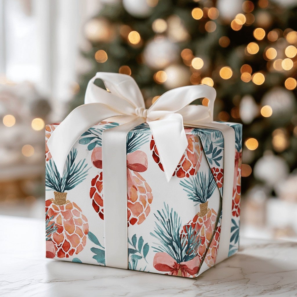 Tropical Holiday Gift Wrap, Christmas Pineapple Wrapping Paper, Watercolor Pineapple Wrapping Paper, Festive Winter Adorable 