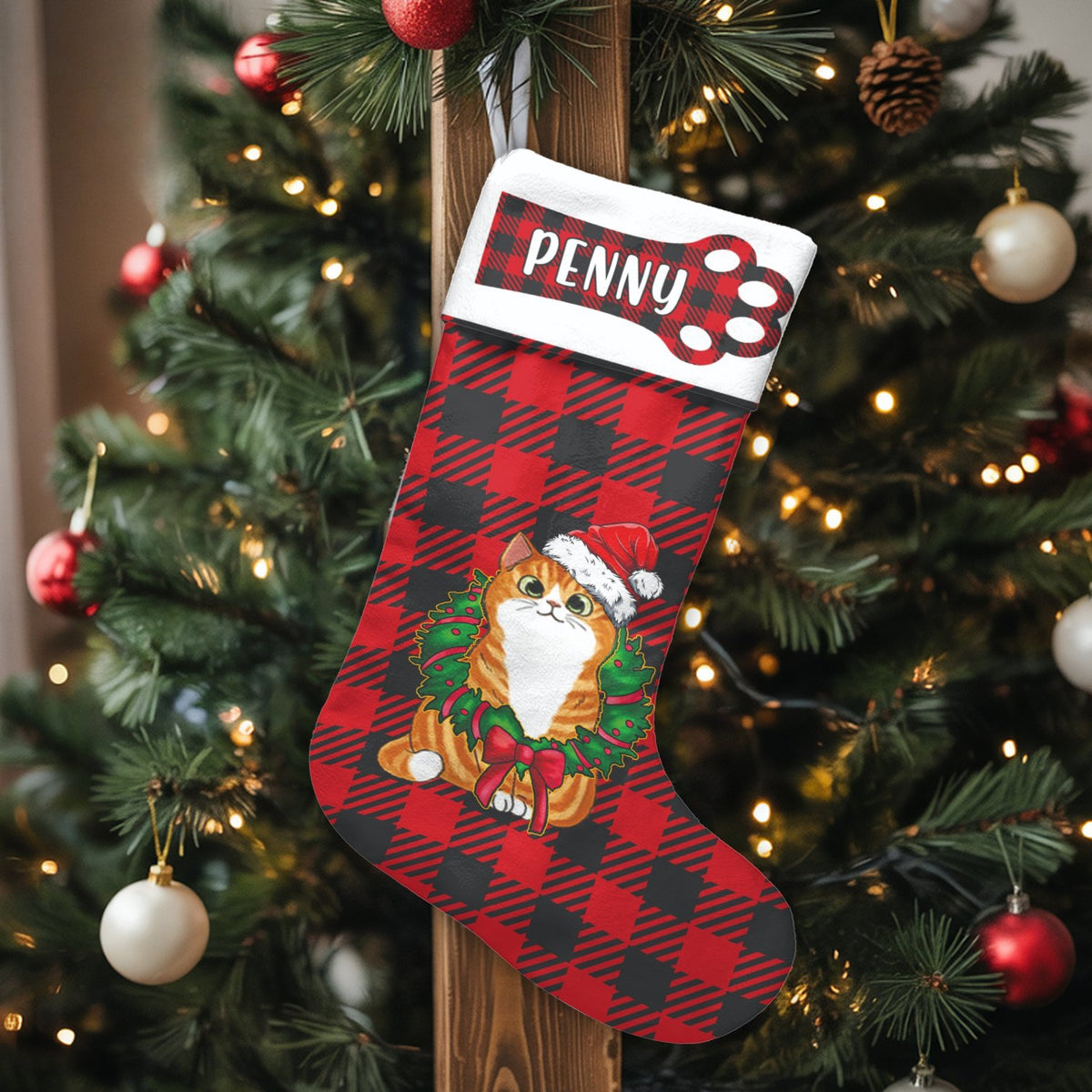 Red Buffalo Plaid Pet Xmas Stocking, Personalized Orange Cat Christmas Stocking, Custom Name Cat Holiday Stocking, Adorable K