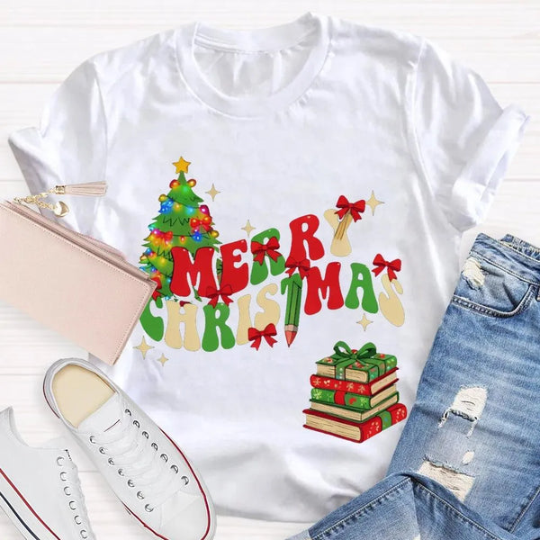 Festive Holiday Reading Graphic Tee, Christmas Tree Books T-Shirt, Adorable Book Lover Xmas Shirt, Librarian Holiday Present