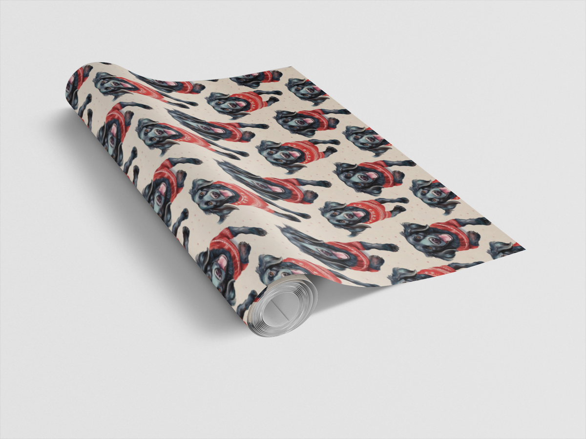 Dog in Sweater Gift Wrap, Flat-Coated Retriever Christmas Wrapping Paper, Watercolor Dog Present Paper, Festive Dog Lover Wra