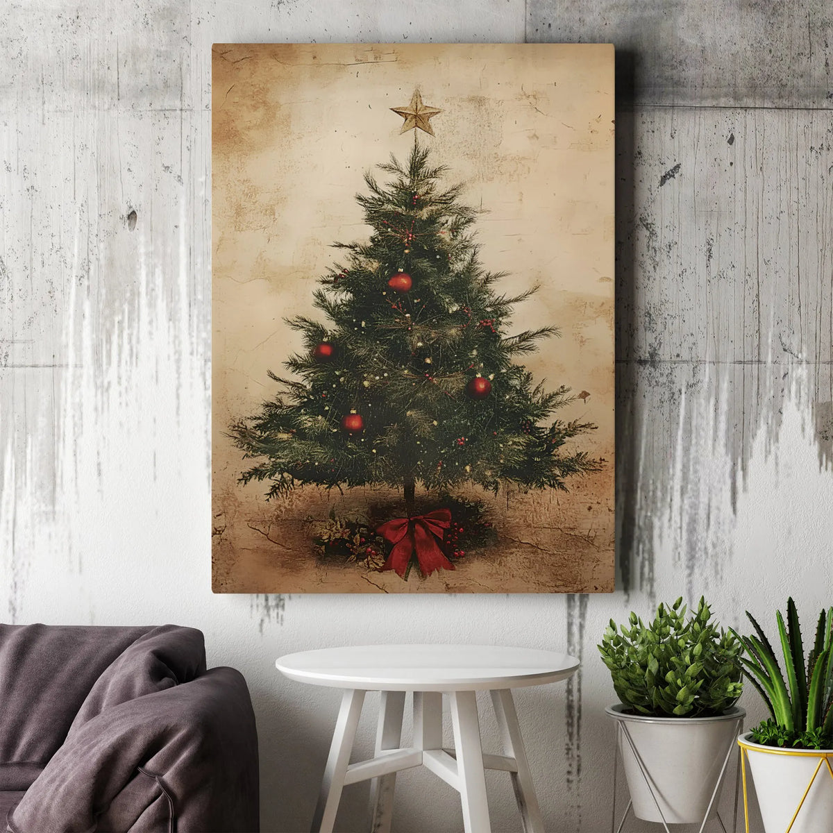 Rustic Holiday Tree Wall Art, Vintage Christmas Tree Canvas Art, Festive Christmas Canvas Print, Seasonal Tree Decor, Holiday
