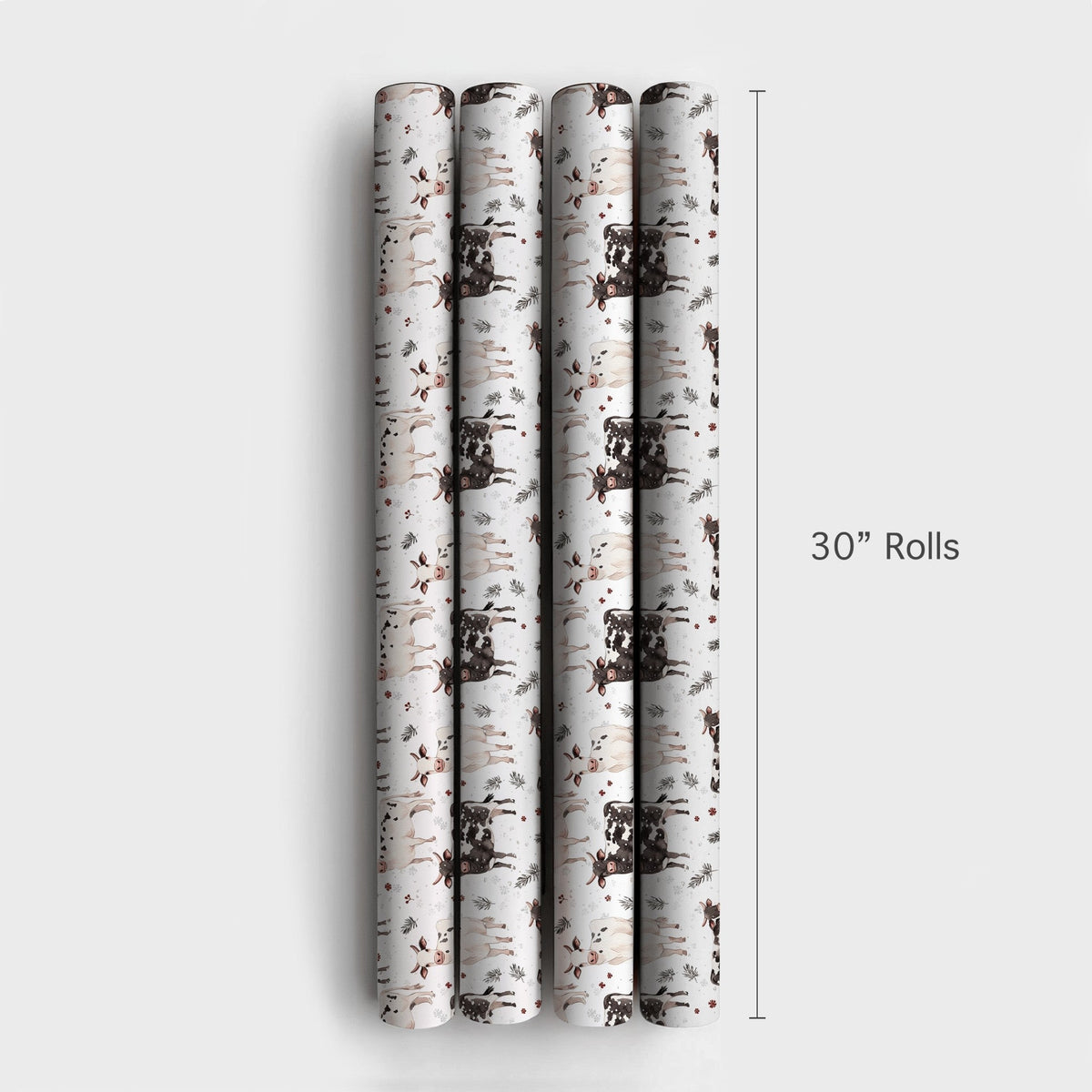 Black and White Cow Gift Wrap, Farmhouse Cow Christmas Wrapping Paper, Winter Holly Wrapping Paper, Rustic Farm Animal Holida