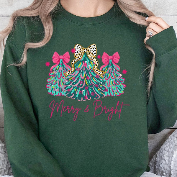 Pink Bow Coquette Aesthetic Tree Crewneck, Merry and Bright Christmas Sweatshirt, Preppy Holiday Pullover, Adorable Pastel Ch